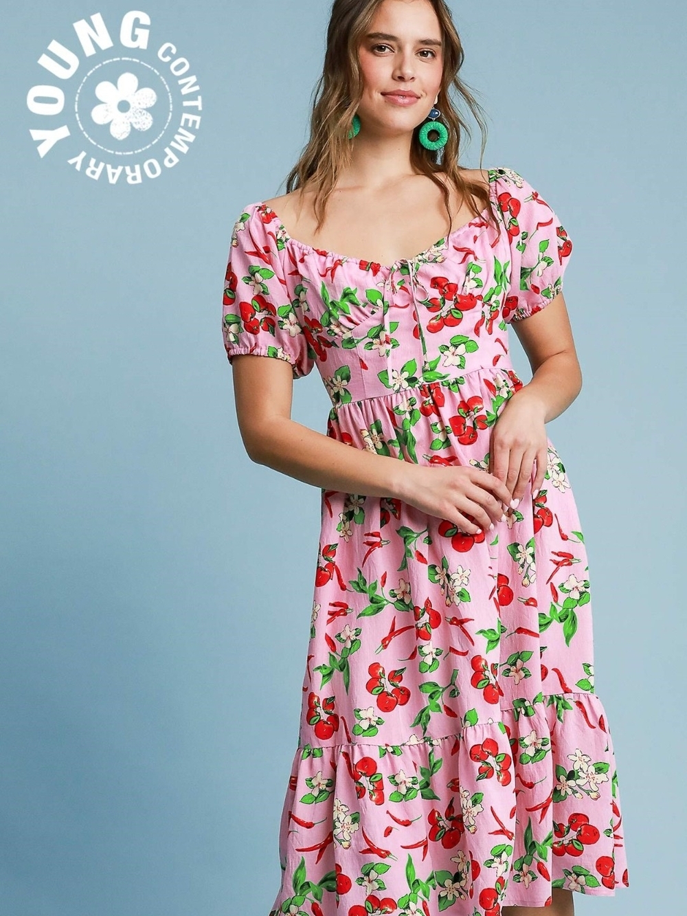 NWT Umgee Cherry Print Dress | Size Large | P2P 22, Cottagecore - Picture 2 of 3